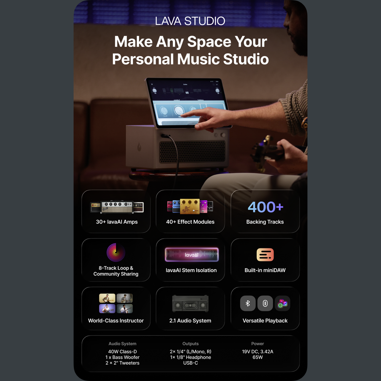 LAVA STUDIO gitaarversterker – 2.1 Audio Systeem, 13.3" Touchscreen, 40W RMS, 30+ lavaAI Amps