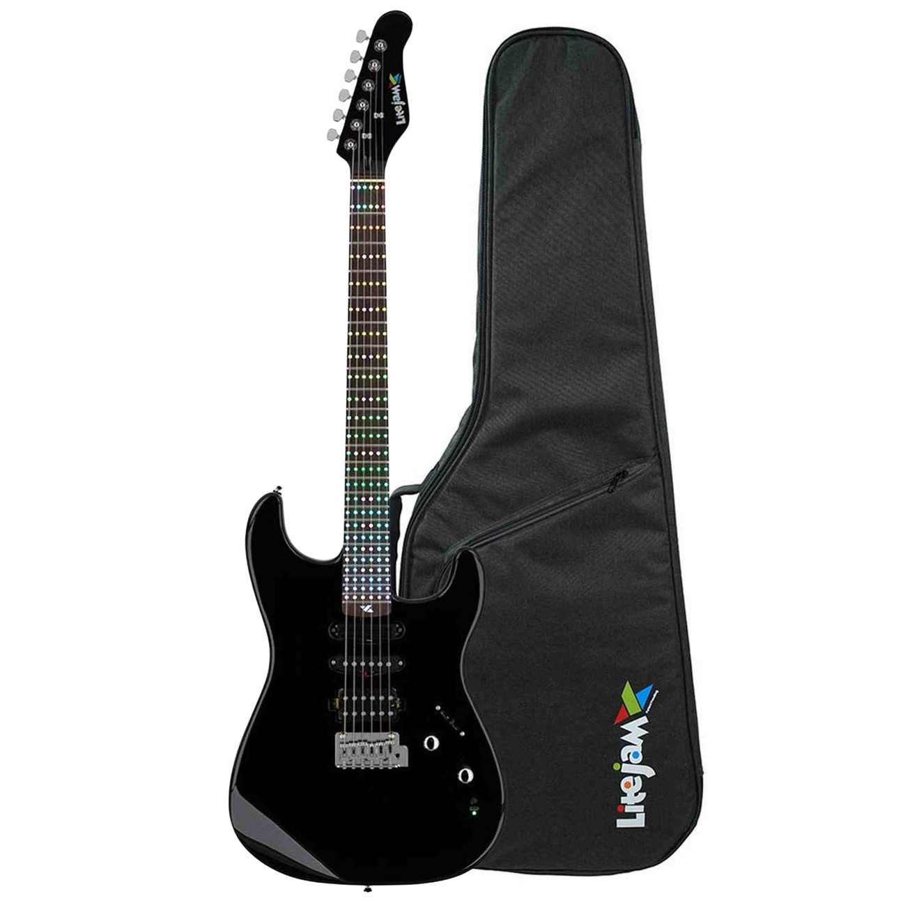 Litejam RGB24/BK elektrische gitaar – 24 frets, 144 RGB LED’s, HSH-configuratie, met gigbag, zwart