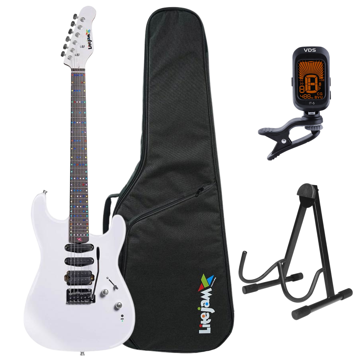 Litejam RGB24/WH Smart Learning Elektrische Gitaar Set White 24 frets HSH RGB LED