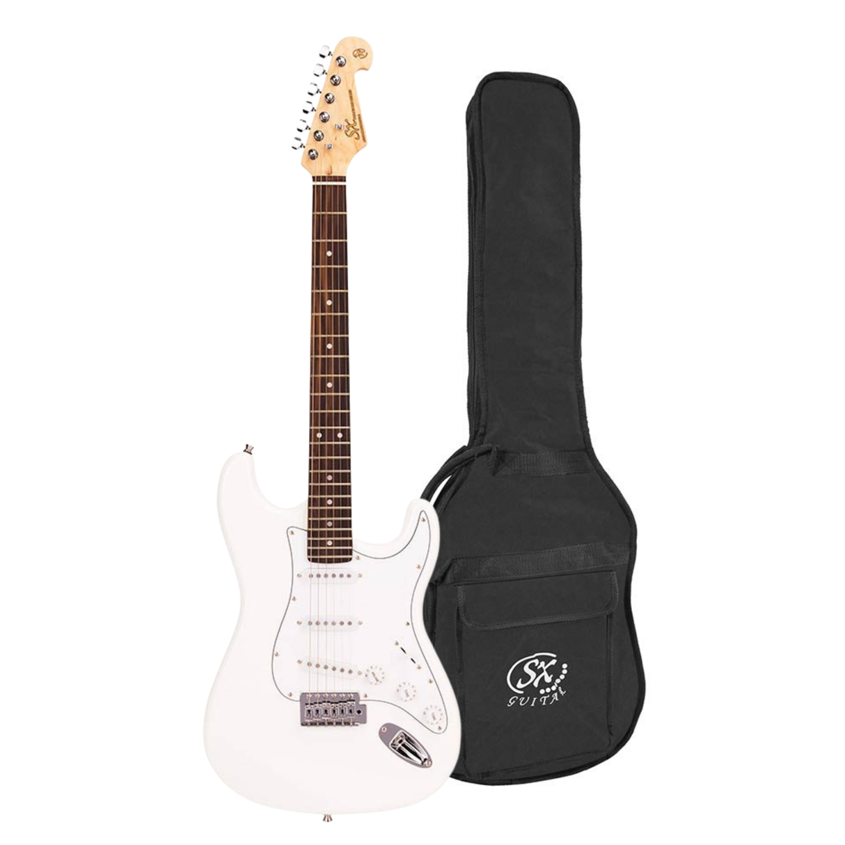 SX ED1/WT elektrische gitaar – 3 single coil pickups, vintage tremolo, wit + tas