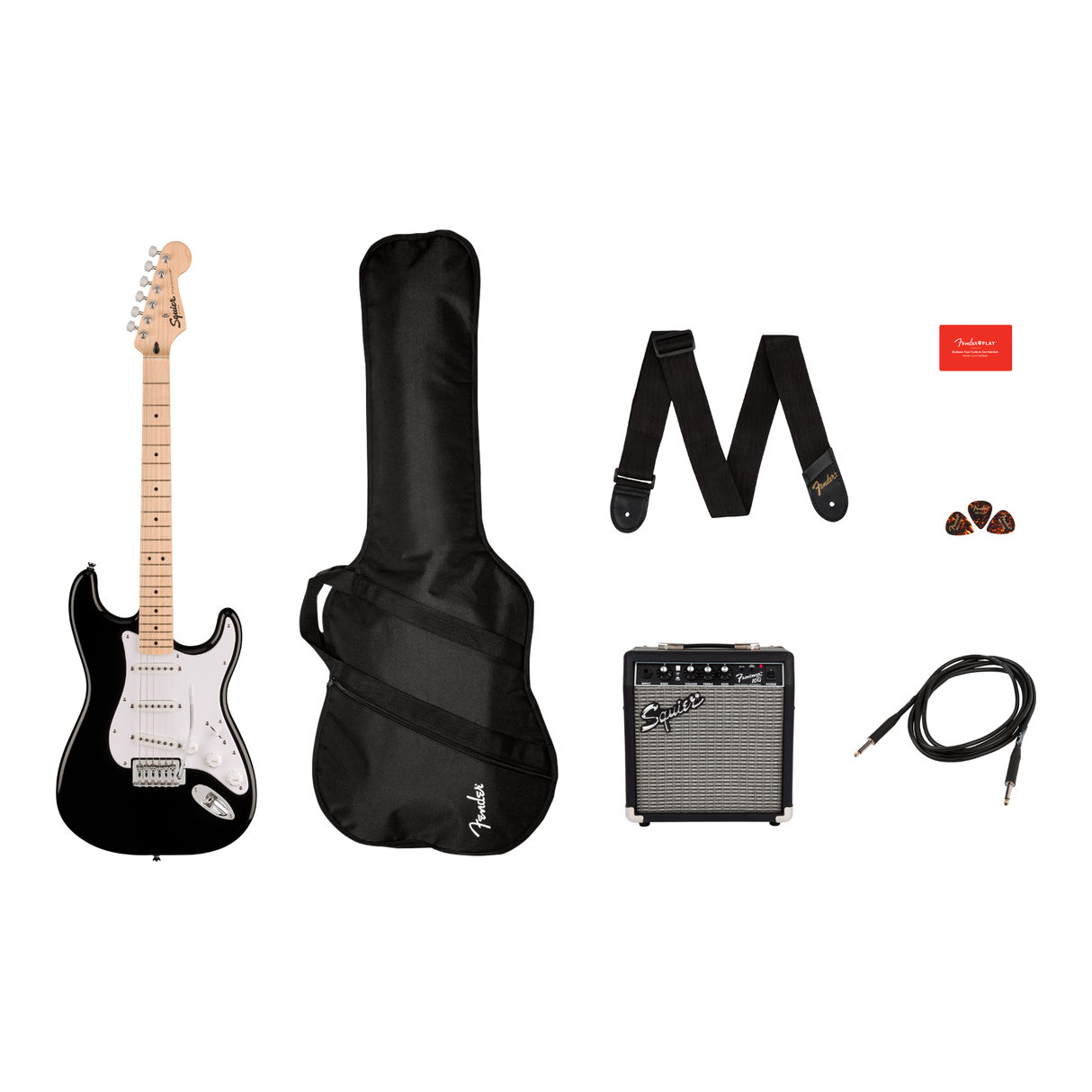 Squier Sonic Stratocaster Pack MN Black Elektrische Gitaar Starterset met Versterker