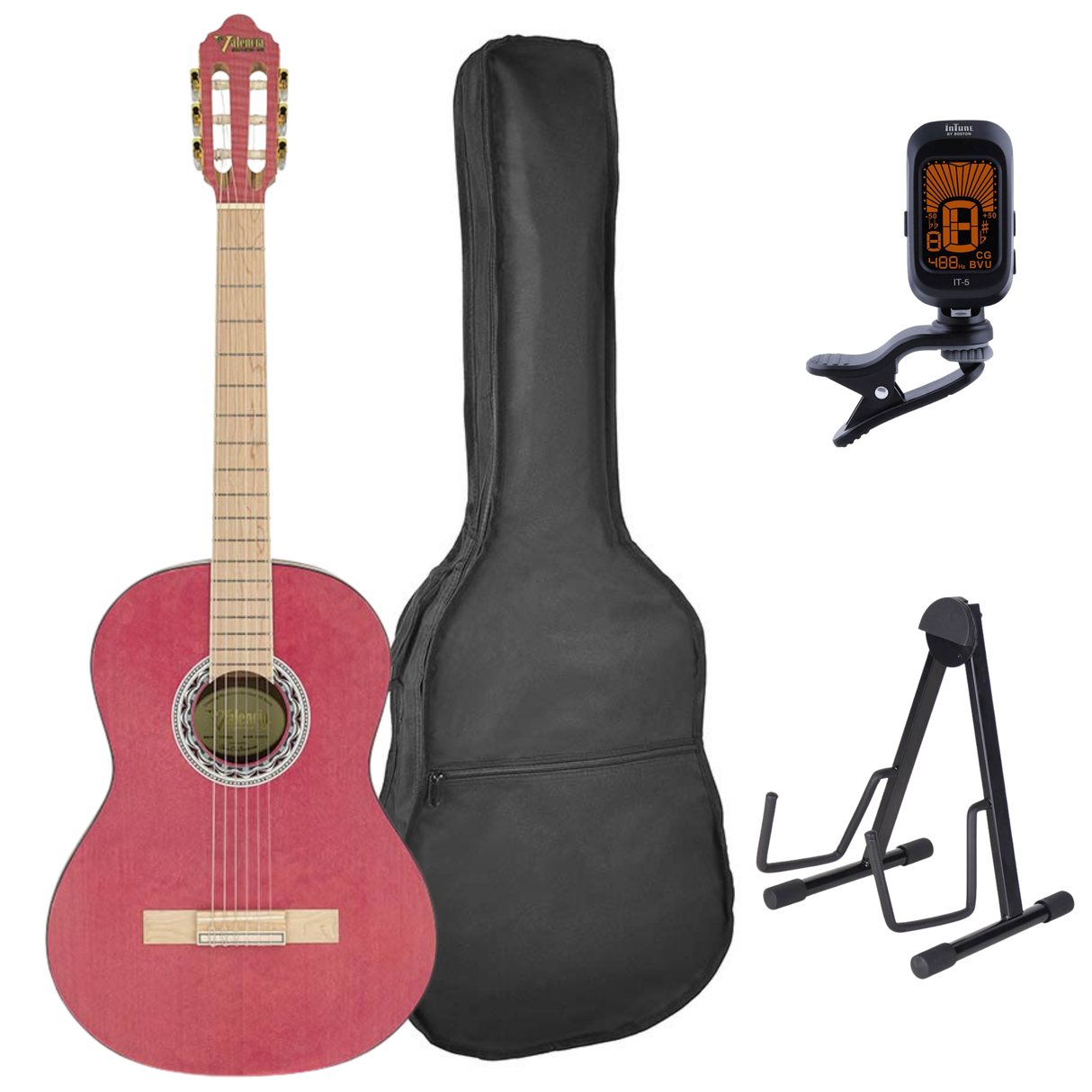 Valencia VC354HPK Klassieke Gitaar 4/4 – Sitka Spar & Mahonie, Roze, Inclusief Tas, Standaard en Stemapparaat