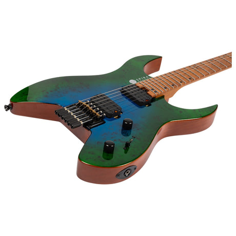 Spira S-500 Headless S-Style Elektrische Gitaar HH Villain Humbuckers Mahonie Poplar Burl Top Trans Aqua Blue