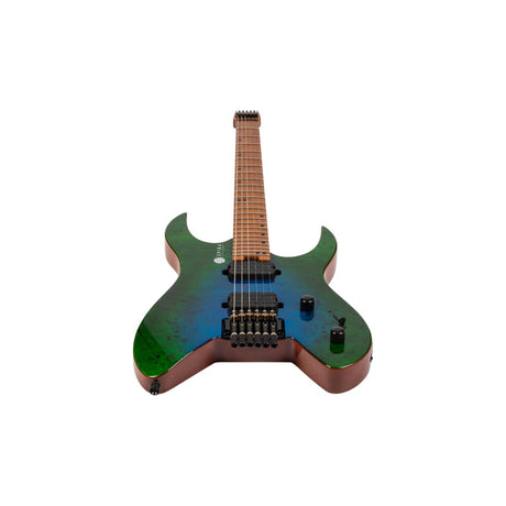 Spira S-500 Headless S-Style Elektrische Gitaar HH Villain Humbuckers Mahonie Poplar Burl Top Trans Aqua Blue